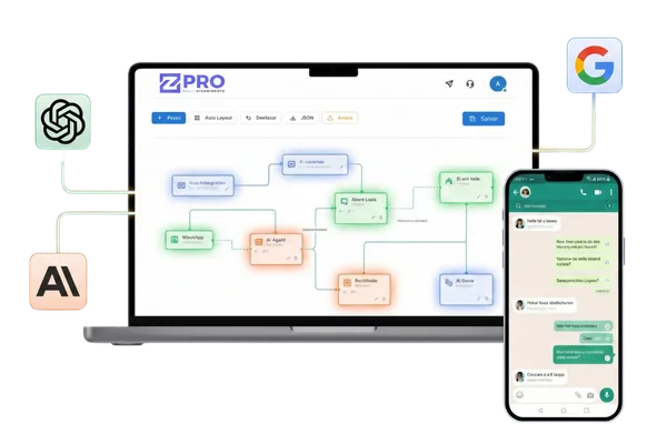 ZPRO com fluxo de chatbot e conversa no WhatsApp