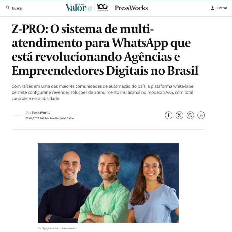 Capa da matéria sobre o Z-PRO publicada no Valor Econômico