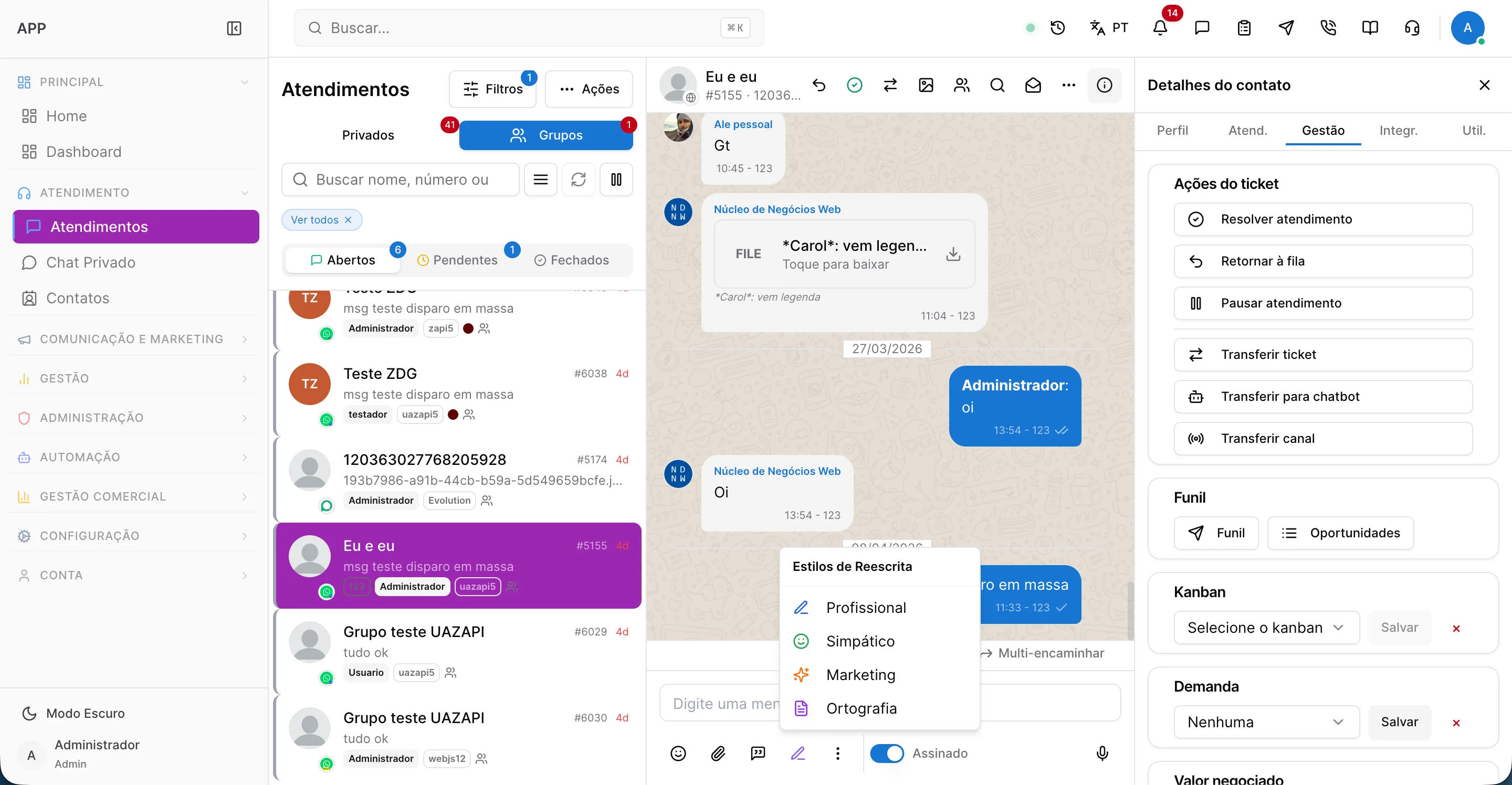 Interface do ZPRO — painel de atendimento